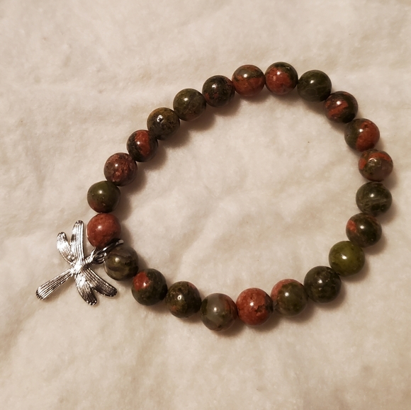 Unakite Crystal Bracelet with Dragonfly Charm - Picture 2 of 5